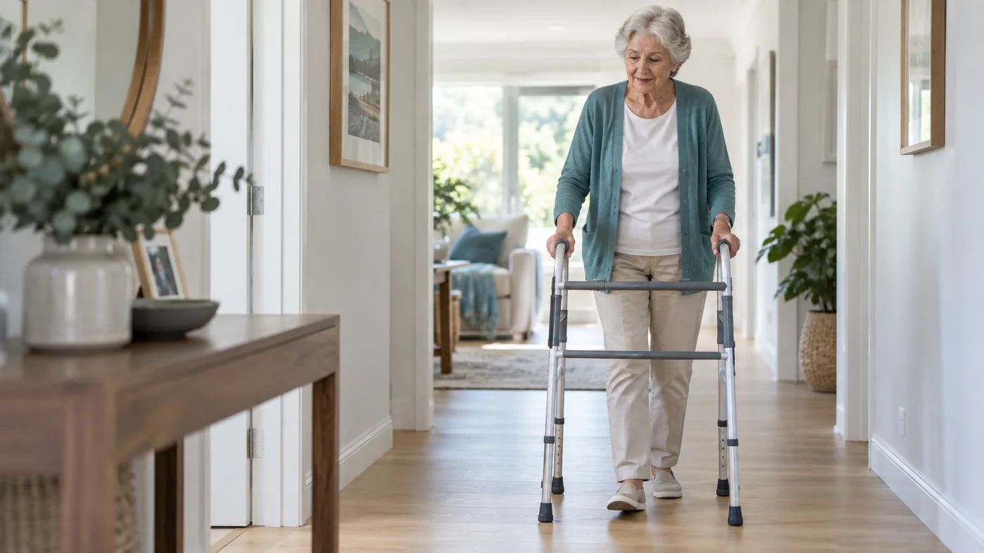 Older adult walking with a frame in a clear home hallway