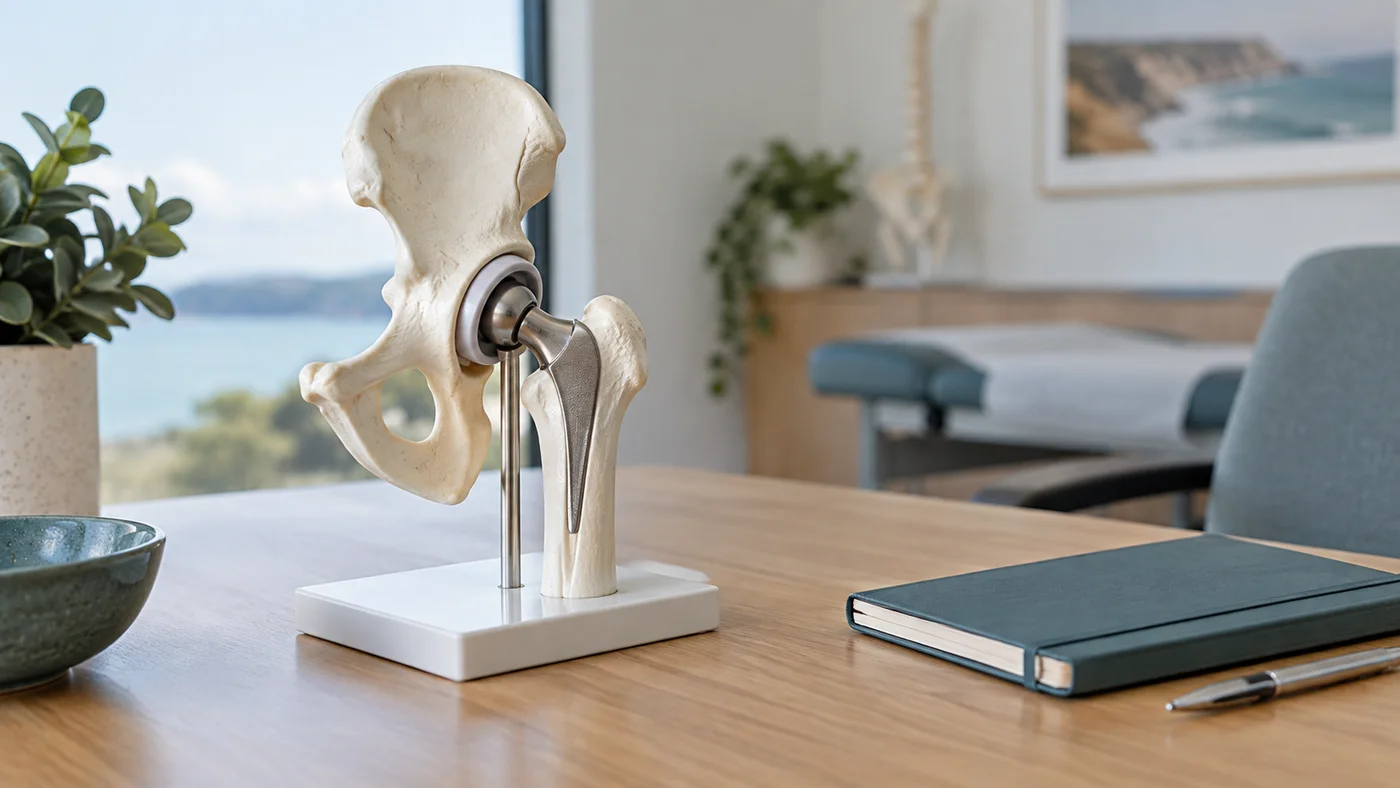 Hip replacement teaching model on a consultation desk