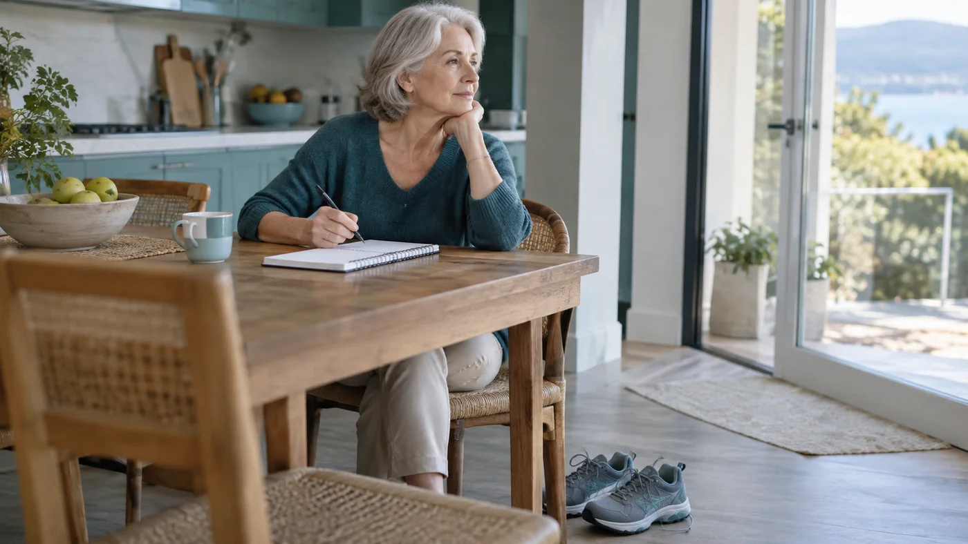 Older adult considering treatment questions at a kitchen table