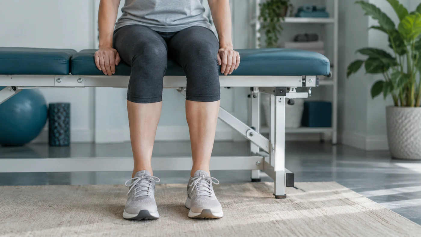 Adult seated on a physiotherapy bench with both feet supported on the floor