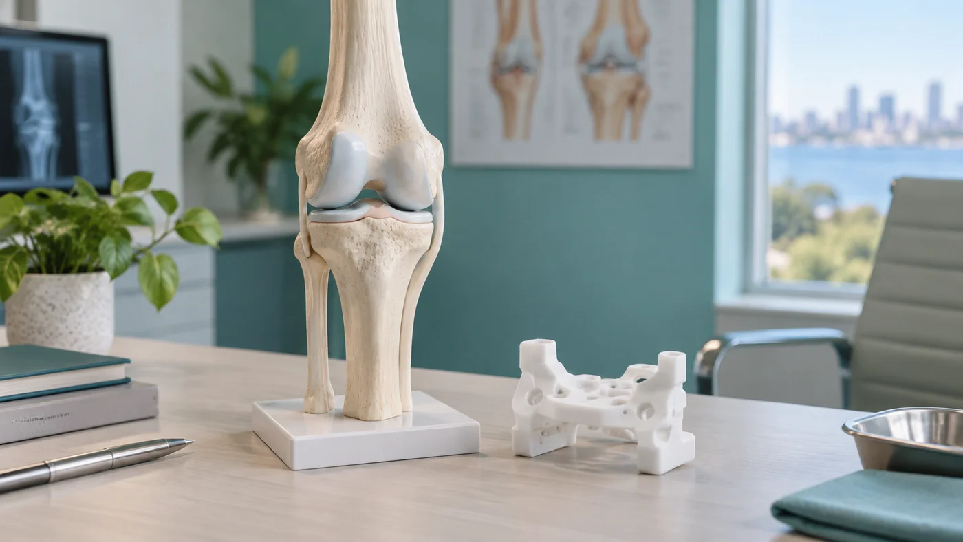 White surgical guide and a knee teaching model on a consultation desk
