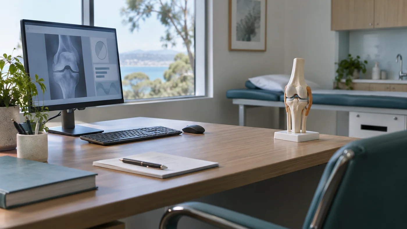 Knee teaching model beside a computer in a consultation room