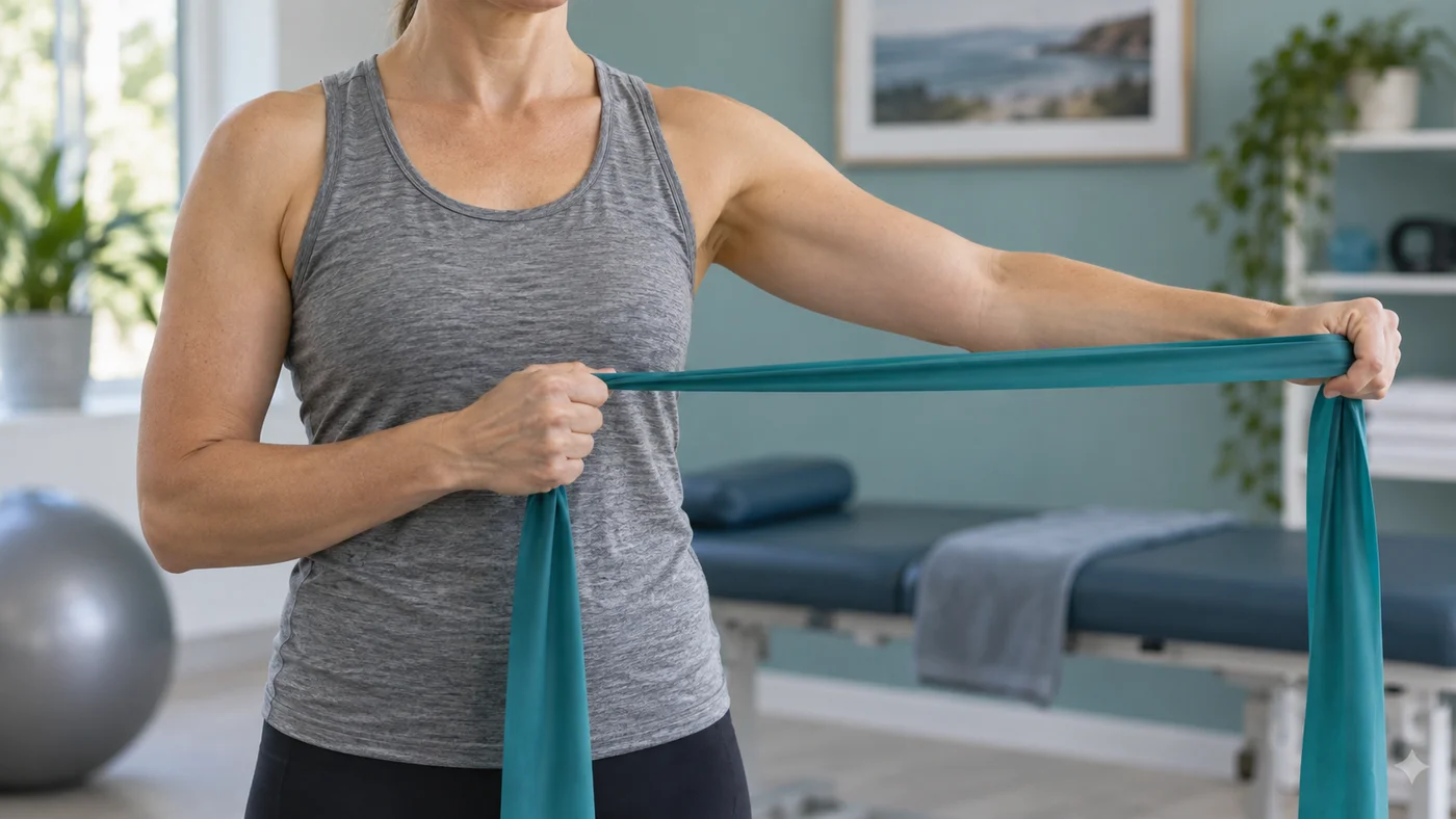 Adult practising a gentle shoulder exercise with a resistance band