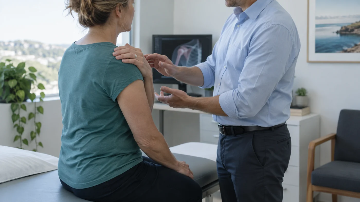 Patient discussing shoulder symptoms with a clinician