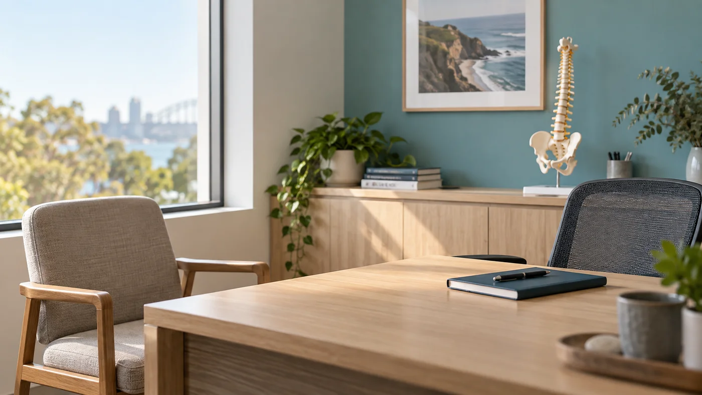 Spine model, notebook and seating in a consultation room