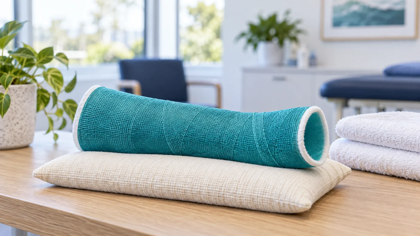 Teal synthetic cast teaching model resting on a cushion in a clinic
