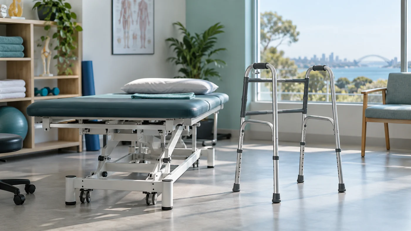 Walking frame beside a treatment bench in a physiotherapy room