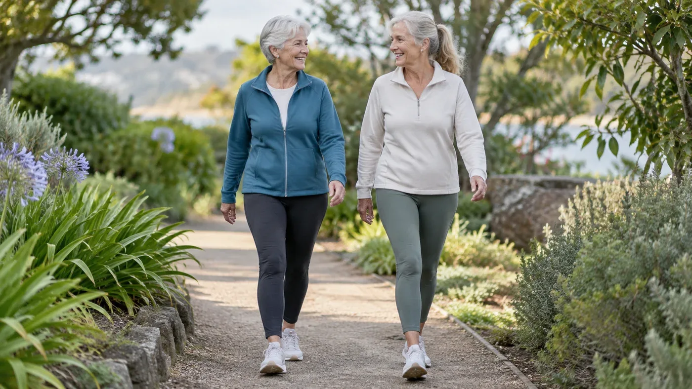 Two older friends walking together on a level garden path