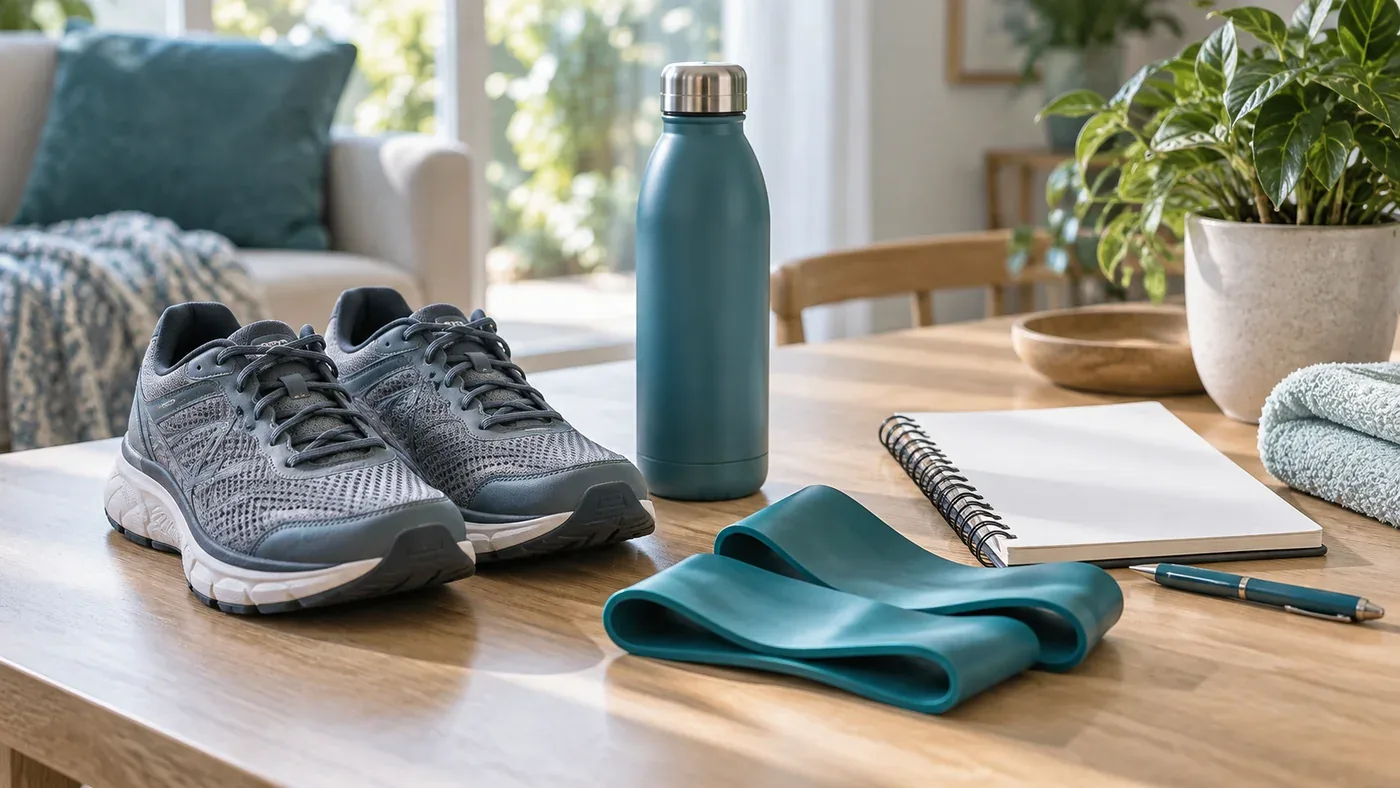 Walking shoes, exercise band, water bottle and notebook ready for recovery planning