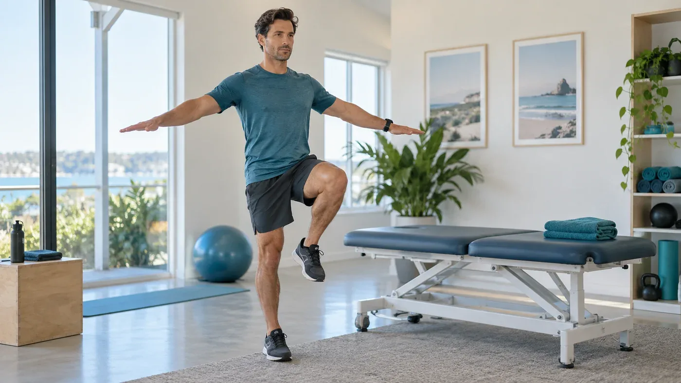 Athlete practising single-leg balance in a rehabilitation room