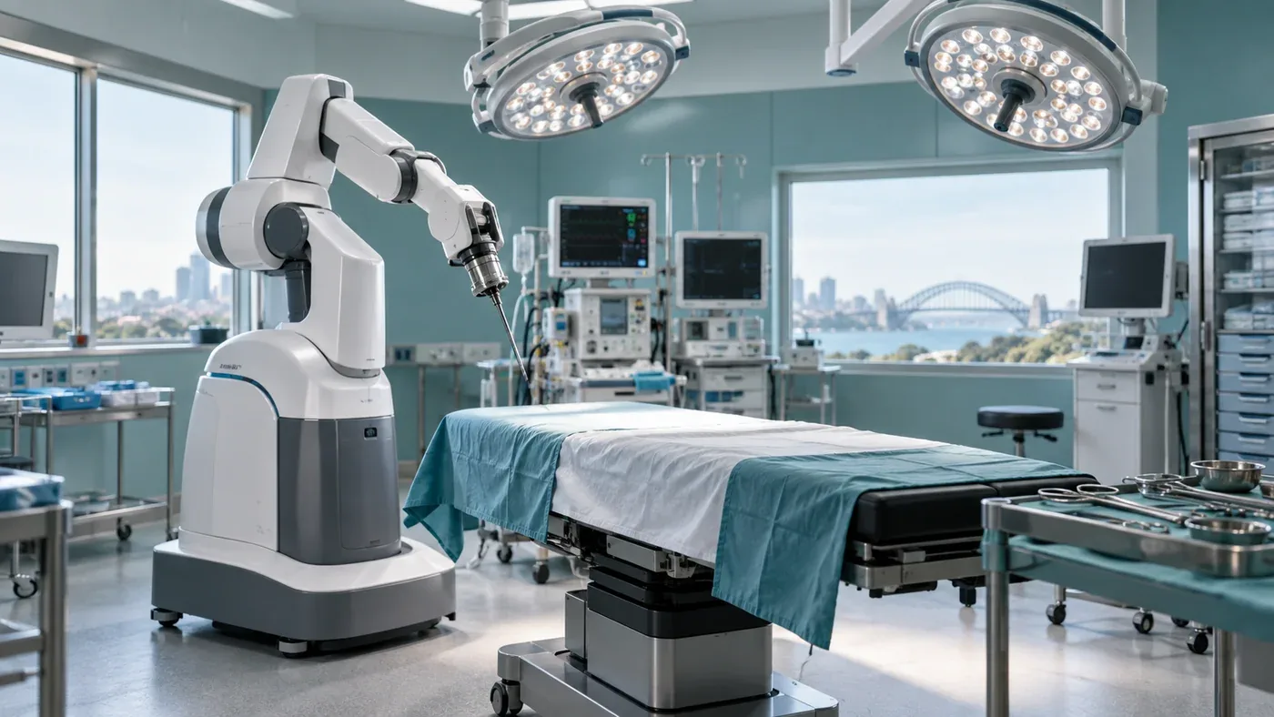 Unbranded robotic surgical equipment beside an empty operating table