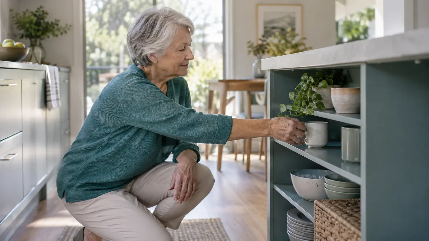 Older adult reaching for a cup in a kitchen