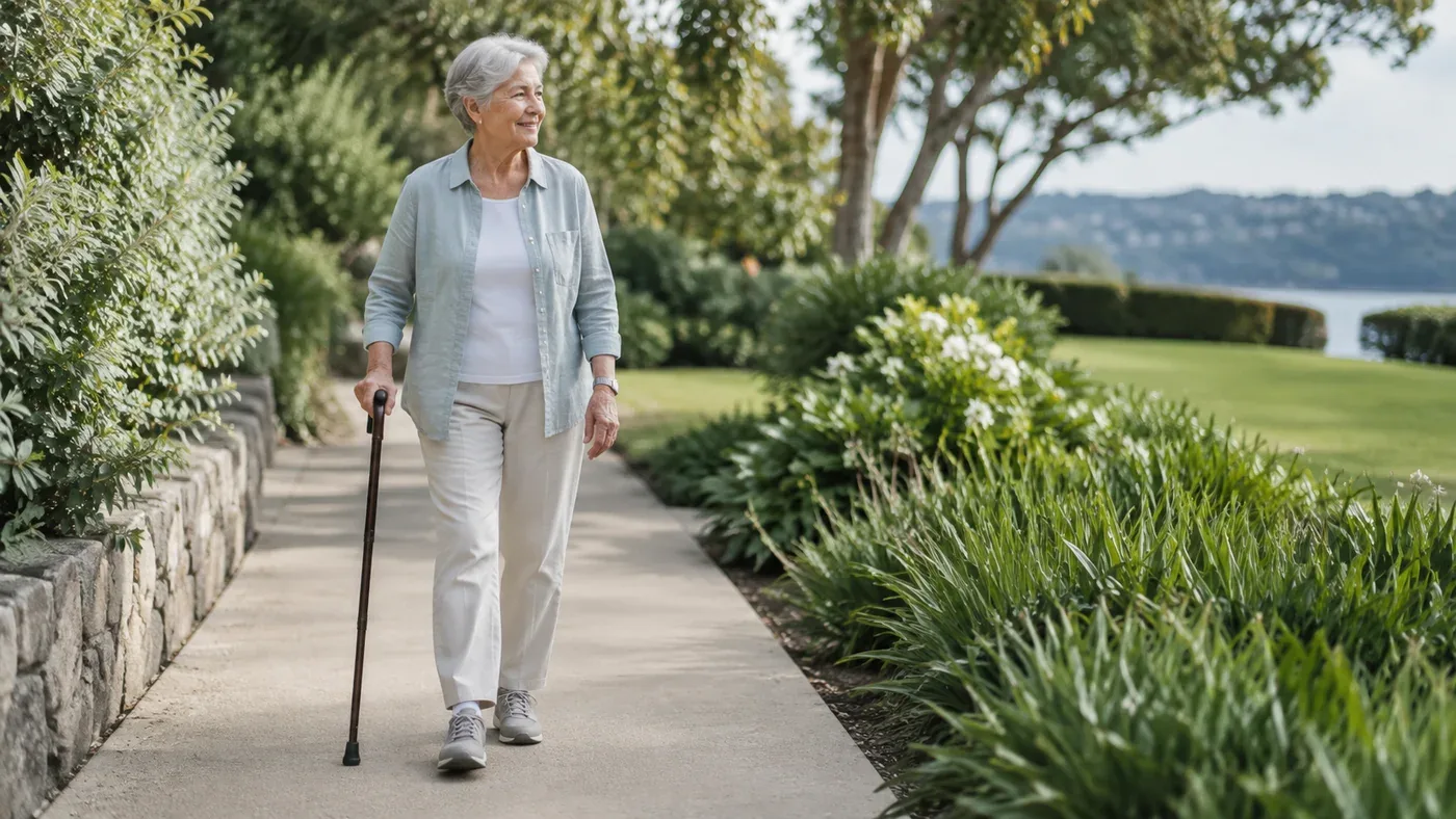 Older adult walking with a stick on a clear garden path