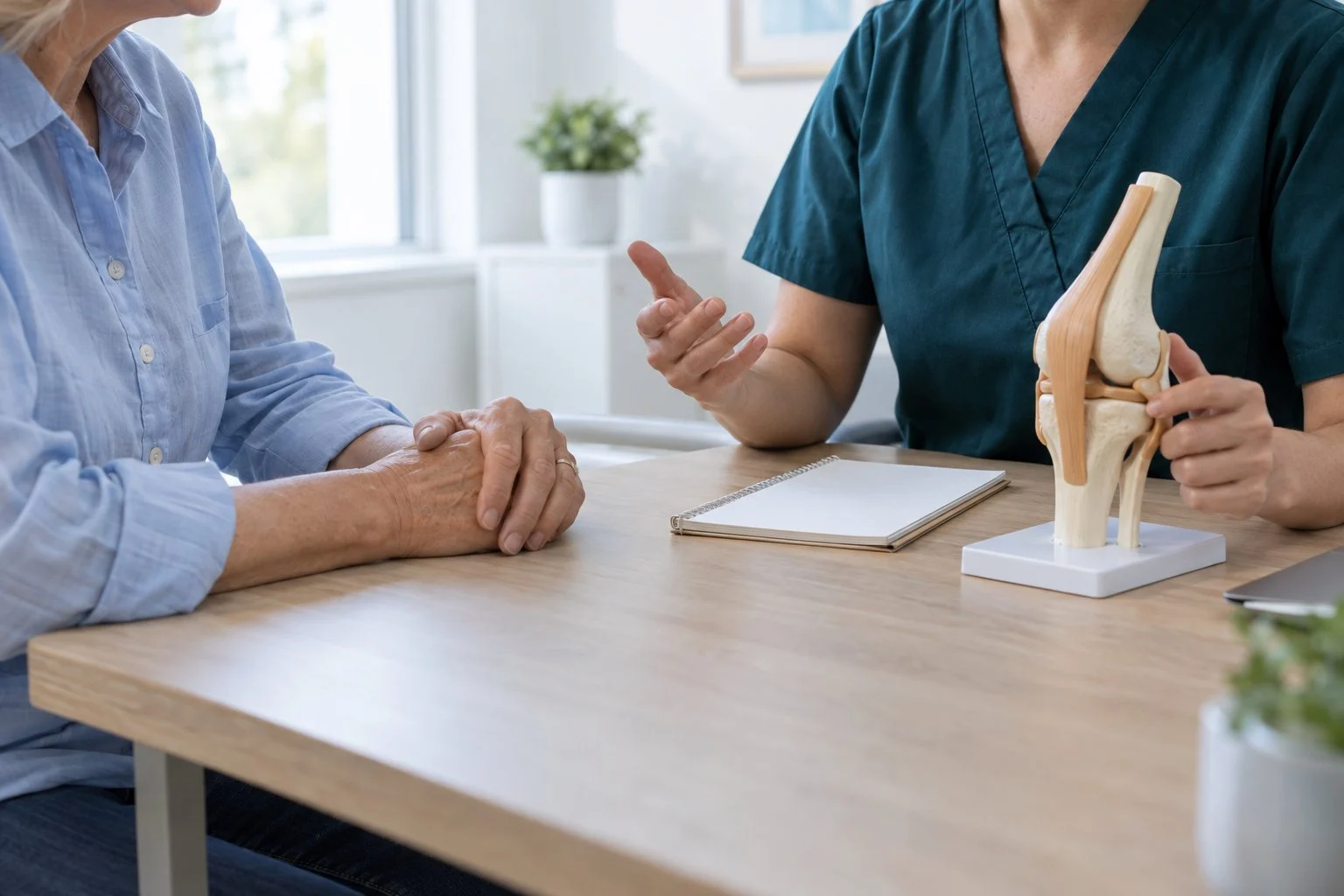 Illustrative consultation discussing a knee model