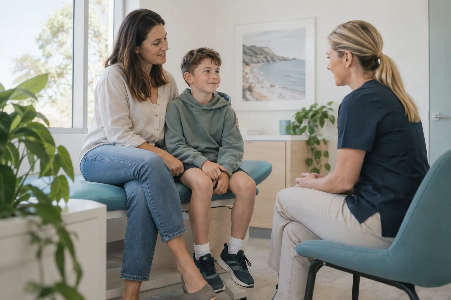 A parent and child speaking with a care professional
