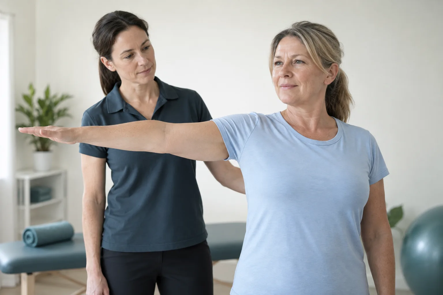 A patient demonstrating shoulder movement during an assessment