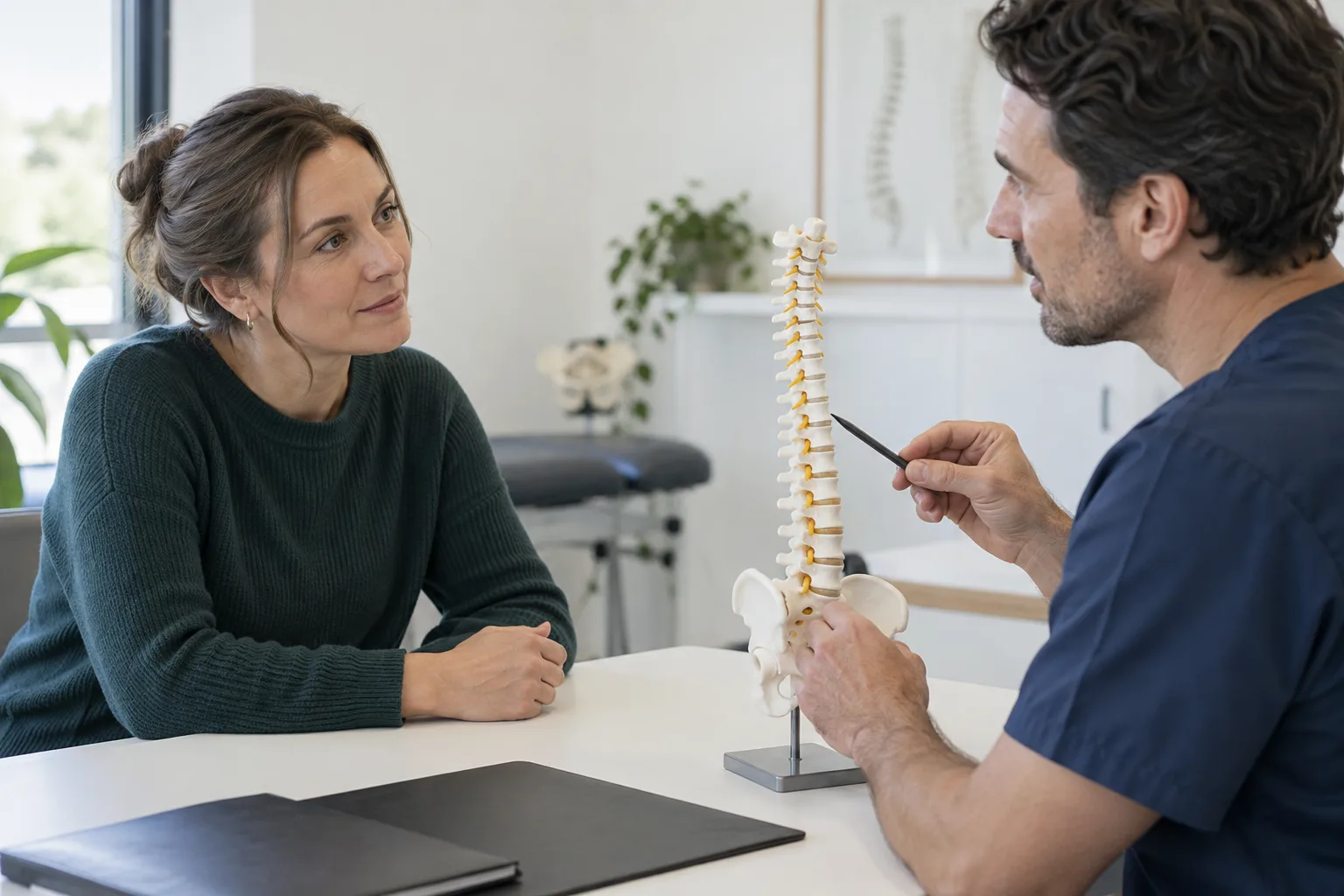 A consultation with an anatomical spine model