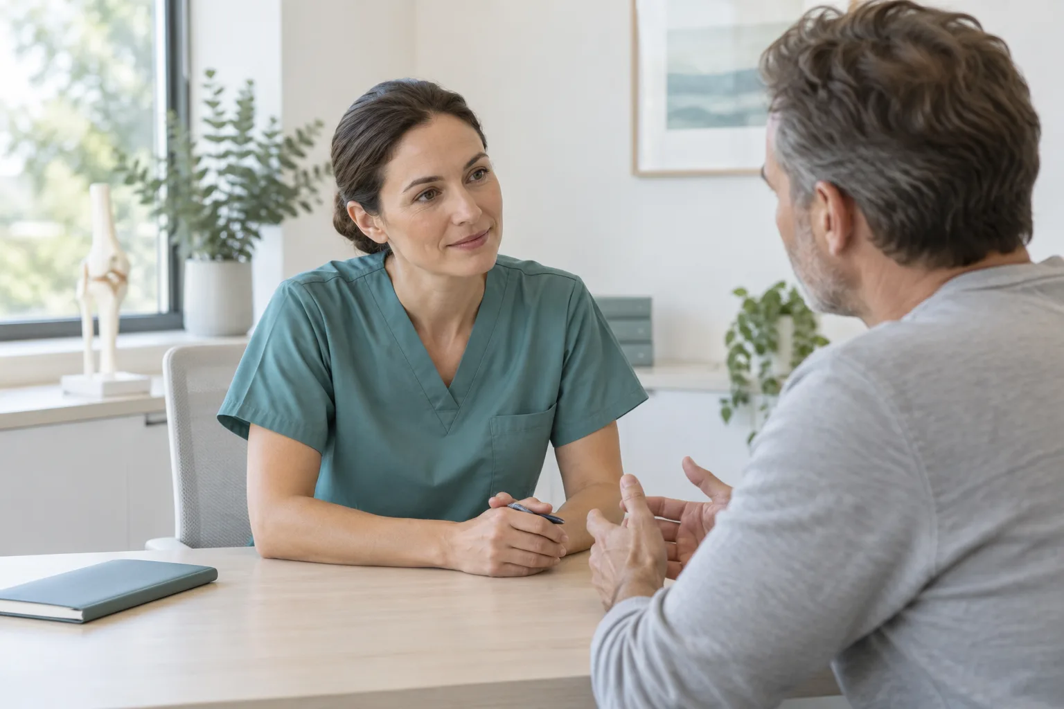 A patient and care professional discussing their care