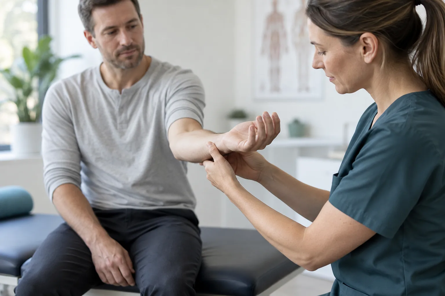 A patient having their wrist movement assessed